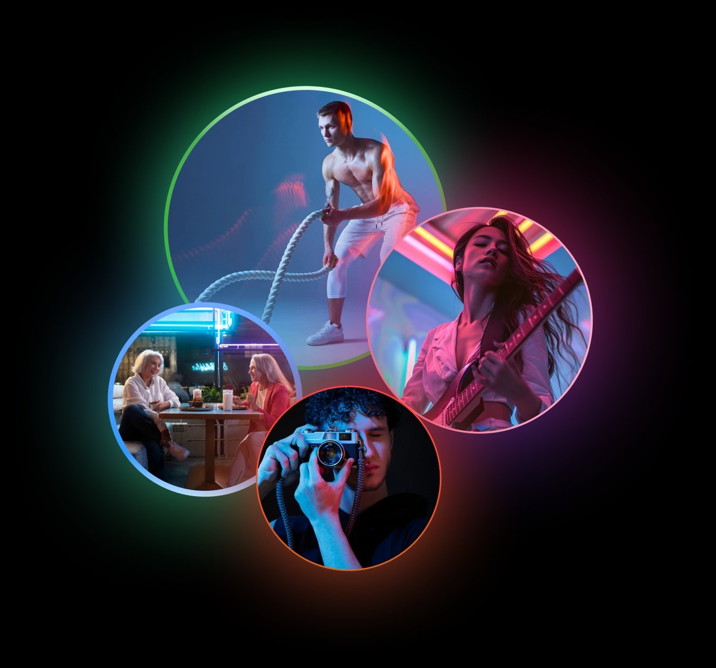 Four vibe-tagged avatars clustered in a colored halo